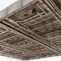Industrial Pipes in Concrete Ceiling with Metal Structure and Red Cables Layout