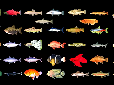Various Aquatic Animals Showcasing Diverse Colors And Unique Shapes 3d model