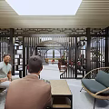 Modern Pavilion With Glass Facade Interior Seating Greenery And Stone Pavement