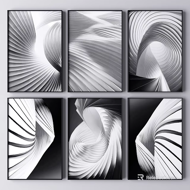 Abstract Black And White Wall Art With Spiral Lines And Geometric Patterns 3d model 