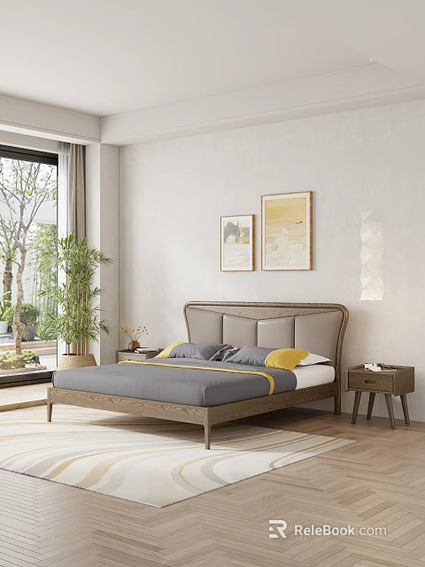 Modern Bedroom Interior Design With Gray Bedding Wooden Headboard Nightstand Wall Art And Window Plant 3d model 