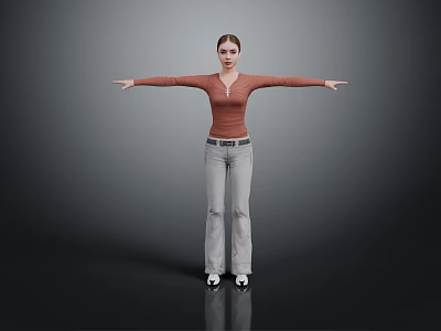 Women Wearing Brown Long Sleeve Top And Light Gray Pants Standing With Arms Outstretched 3d model