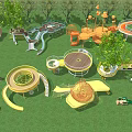 Colorful Outdoor Playground Equipment With Slides Circular Structures And Trees On Green Lawn