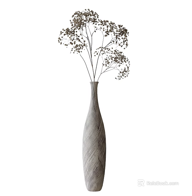 Tall Slender Textured Vase With Graceful Branches And Delicate Small Flowers For Home Decor 3d model 