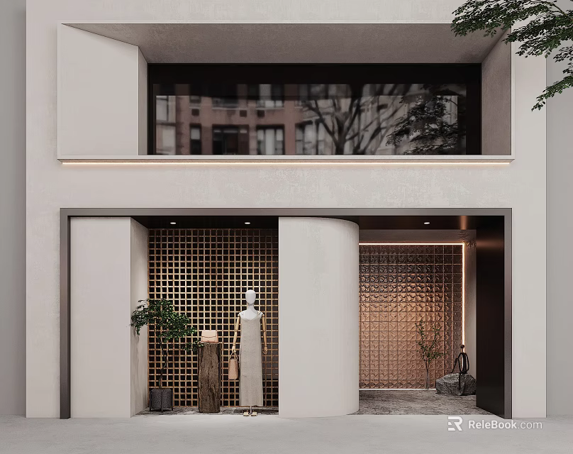 Modern Storefront Facade Design With Lattice Decor Potted Plant And Warm Lighting 3d model