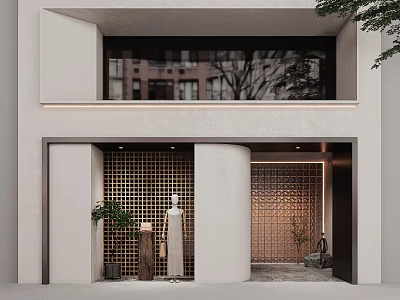 Modern Storefront Facade Design With Lattice Decor Potted Plant And Warm Lighting 3d model