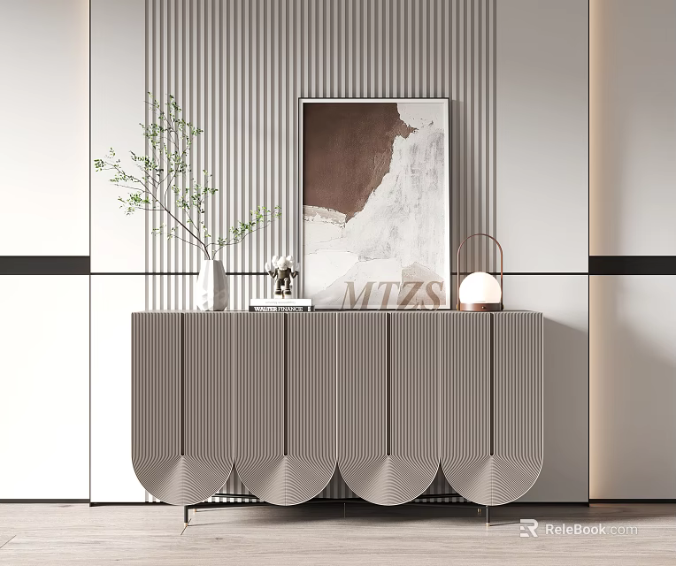 Modern Entryway Cabinet Sideboard With Decorative Painting Green Plant And Table Lamp 3d model 
