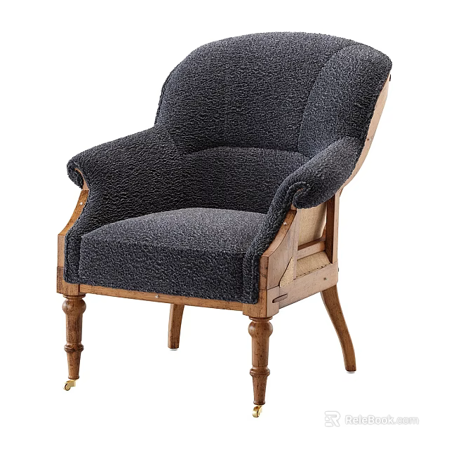 Classic Navy Blue Single Sofa With Plush Fabric And Wooden Legs 3d model 