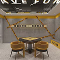 Modern Hotel Mahjong Room Interior With White Tables Chairs Green Plants And Wall Decor