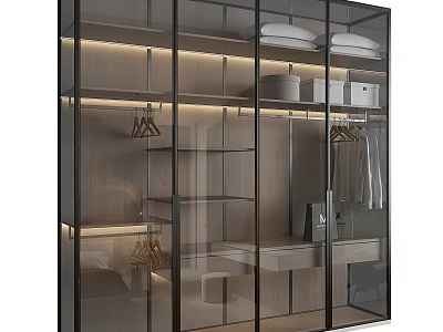 Modern Wardrobe Design With Glass Doors Black Frame Internal Shelves And LED Lighting 3d model
