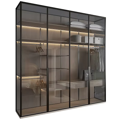Modern Wardrobe Design With Glass Doors Black Frame Internal Shelves And LED Lighting 3d model