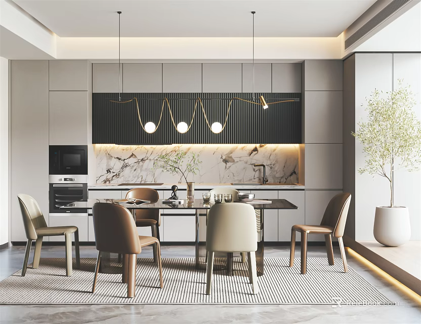 Elegant Modern Restaurant Interior Design With Dining Table Chairs Pendant Lights And Green Plant 3d model 