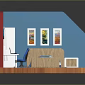 Red Blue Walls Room Interior With Wooden Bed Desk Chair And Artwork
