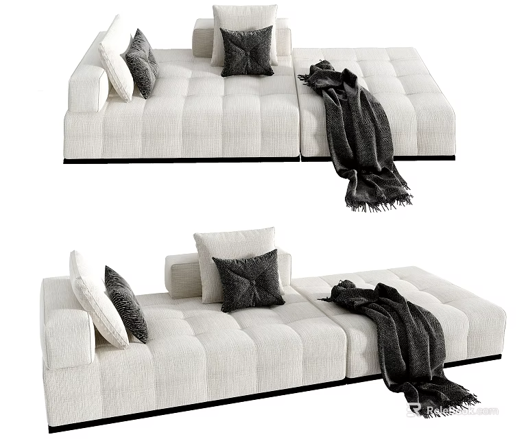 Modern Sectional Sofa With Cushioned Seats Throw Pillows And Cozy Blanket 3d model 