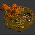 Cartoon Autumn Scene With Maple Tree Orange Leaves Pumpkins Wooden Bench And Fence