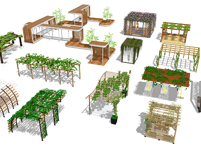 Different Types of Pergola Structures With Wooden Frames And Green Vines 3d model