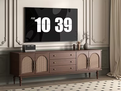 Brown Wooden TV Stand With Drawers Rattan Doors TV And Decorative Vases 3d model