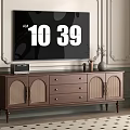 Brown Wooden TV Stand With Drawers Rattan Doors TV And Decorative Vases