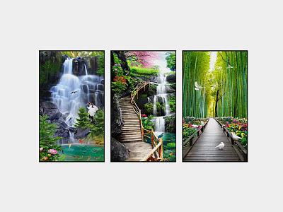 Three Panel Landscape Paintings with Waterfall Wooden Stairs Bamboo Pathway and Lush Greenery 3d model