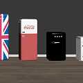 Colorful Retro Fridge Collection Featuring Union Jack Smeg Coca-Cola And White Designs On Wooden Floor