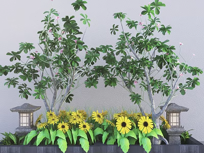 Lush Garden Bushes With Yellow Sunflowers Stone Lanterns Green Leaves And Gray Wall 3d model