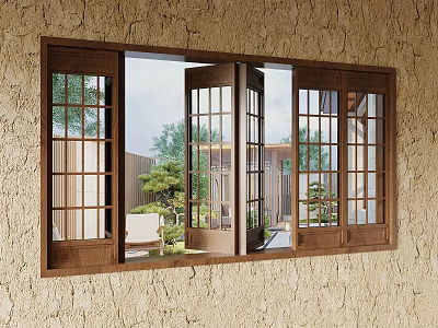 Wooden Frame Window With Grid Design And Lush Garden View Outside 3d model