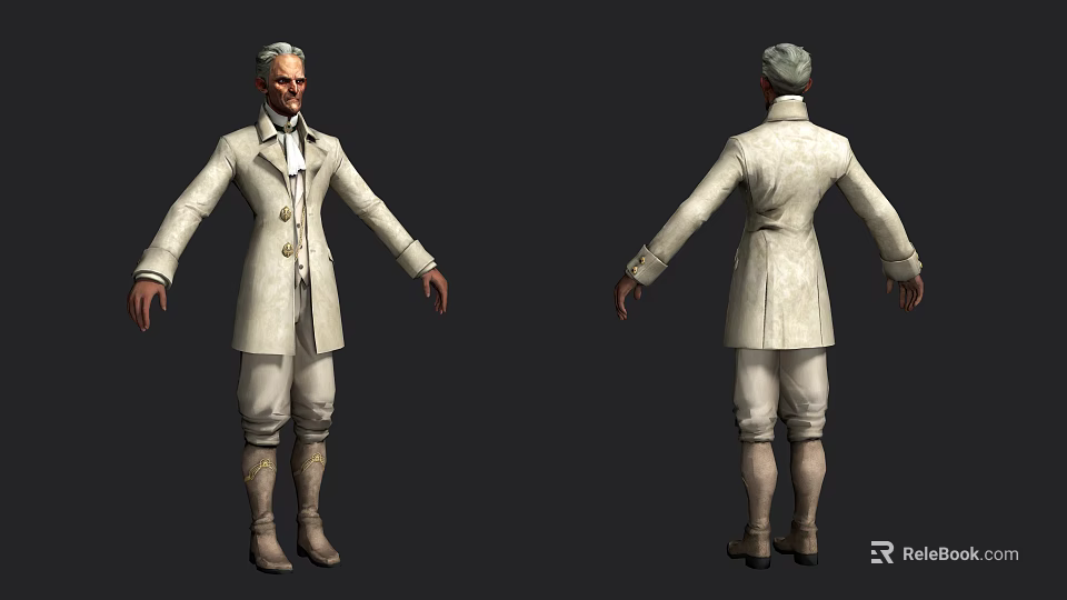Game And Movie Character In White Long Coat With Gray Hair Front Back Views 3d model 