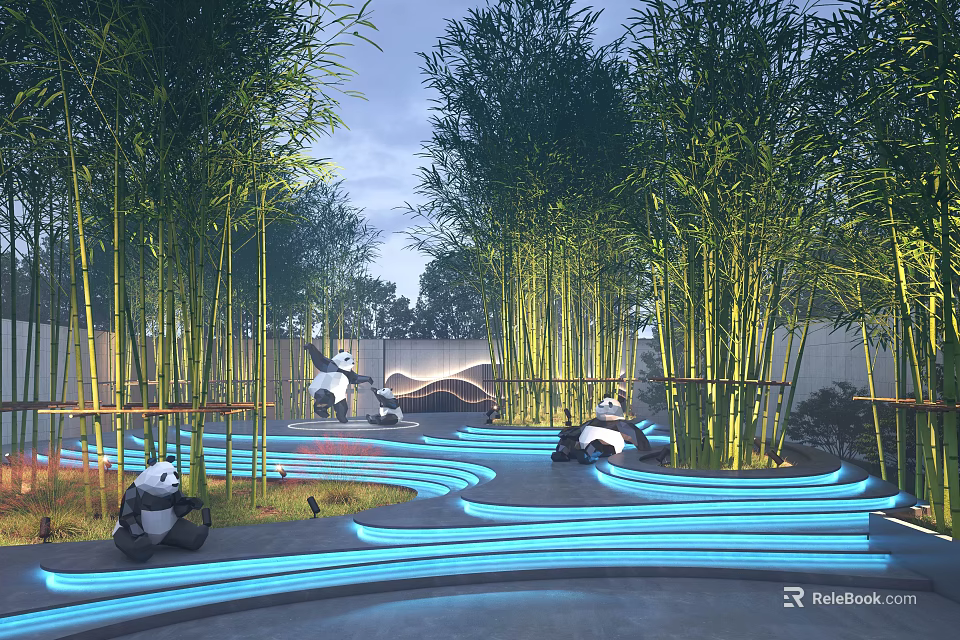 Courtyard Garden With Bamboo Trees Neon Blue Winding Paths And Panda Sculptures 3d model 