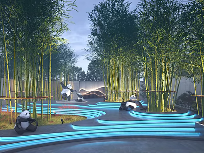Courtyard Garden With Bamboo Trees Neon Blue Winding Paths And Panda Sculptures 3d model