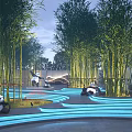 Courtyard Garden With Bamboo Trees Neon Blue Winding Paths And Panda Sculptures