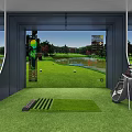 Indoor Golf Simulator Practice With Green Turf Golf Clubs Course Screen And Scoreboard