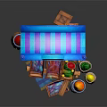 Colorful Wooden Market Stall with Blue Fish Decoration Fruit Candy Crates Watermelon and Baskets