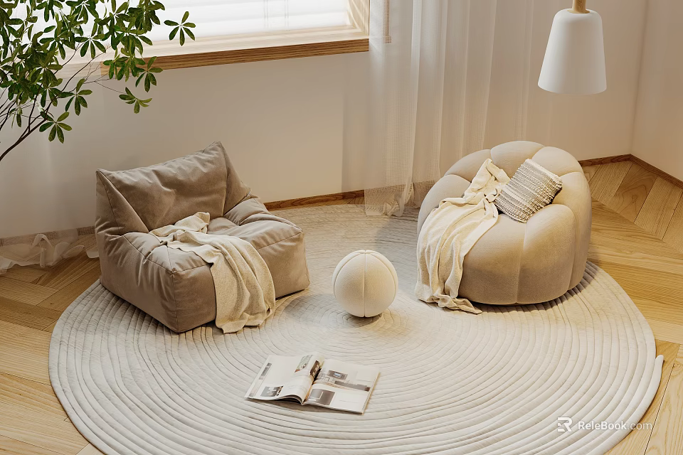 Cozy Bean Bag Chairs With Blankets On Round Woven Rug Near Window And Plant 3d model 