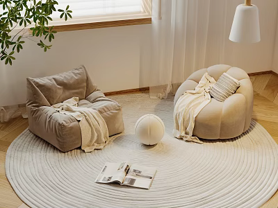 Cozy Bean Bag Chairs With Blankets On Round Woven Rug Near Window And Plant 3d model