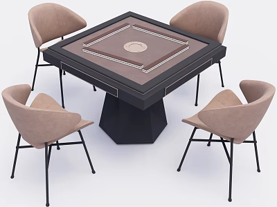 Stylish Square Table And Four Light Brown Chairs With Black Legs And Circular Tabletop Design 3d model