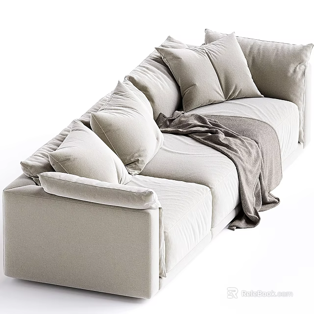 Beige Fabric Sectional Sofa With Plush Cushions And Gray Throw Blanket 3d model 