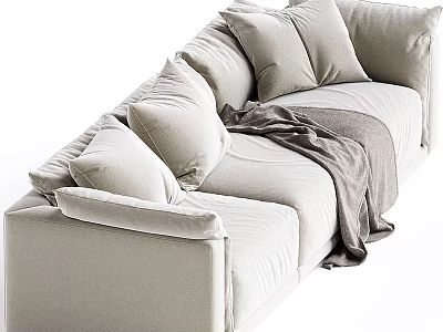 Beige Fabric Sectional Sofa With Plush Cushions And Gray Throw Blanket 3d model