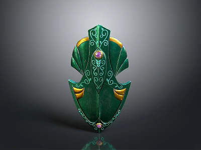 Green Decorative Shield with Intricate Patterns Gold Accents and Purple Gemstone Design 3d model