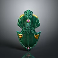 Green Decorative Shield with Intricate Patterns Gold Accents and Purple Gemstone Design