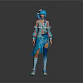 Game Movie Character With Blue Hair And Colorful Decorative Outfit Design