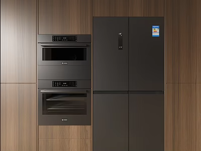 Modern Kitchen Interior Featuring Built in Oven Refrigerator And Dark Wood Cabinets 3d model