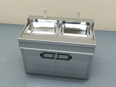 Stainless Steel Double Bowl Sink With Two Faucets And Cabinet Base 3d model