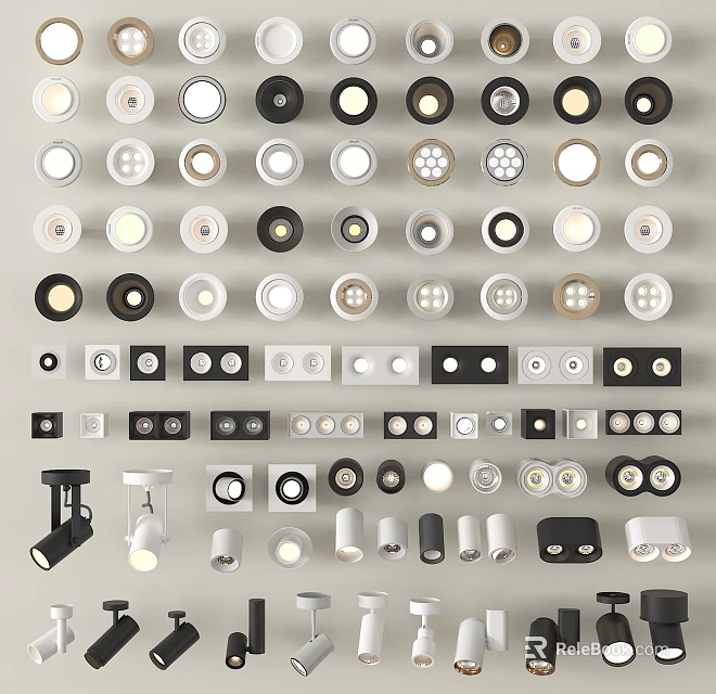 Modern Downlights And Spotlights With Various Designs Sizes And Installation Styles 3d model 