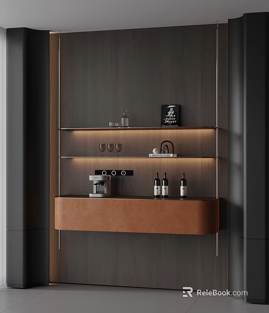 Elegant Modern Wine Cabinet Interior With Red Wine Bottles Glasses And Lighting 3d model 