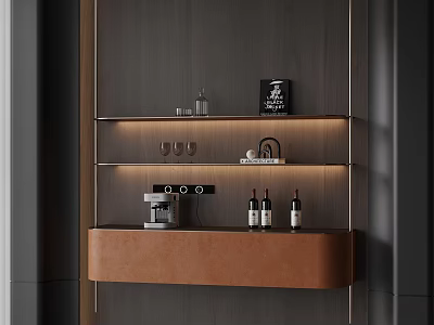 Elegant Modern Wine Cabinet Interior With Red Wine Bottles Glasses And Lighting 3d model