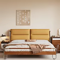 Double Bed With Yellow Upholstered Headboard Wooden Slat Mattress Nightstand Lamp Desk Mirror Decor