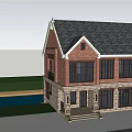 Semi Detached Villa With Red Brick Exterior Black Roof Balcony And Green Lawn Driveway