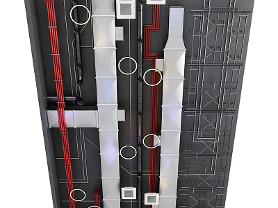 Modern Ceiling Structure With Metal Frames Red Lines Circular Elements And Modular Panels 3d model