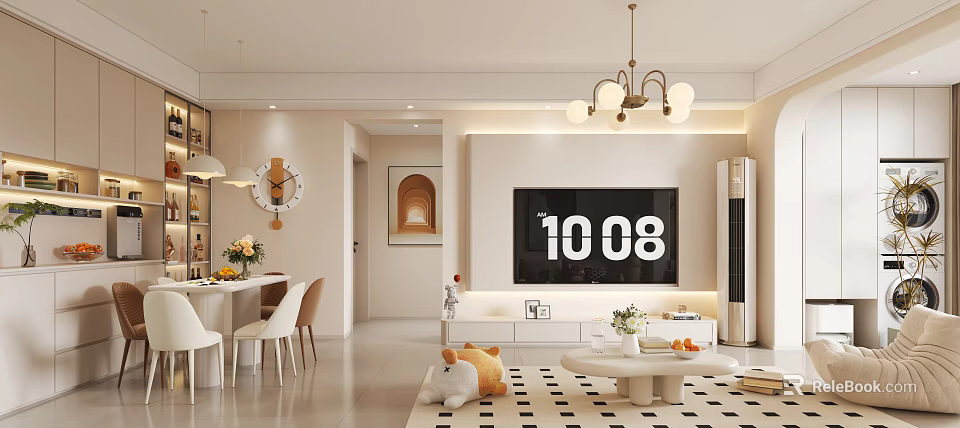 Modern Living and Dining Room Interior With Chandelier TV Decorative Painting Dining Table And Chairs 3d model 