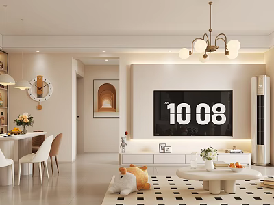 Modern Living and Dining Room Interior With Chandelier TV Decorative Painting Dining Table And Chairs 3d model